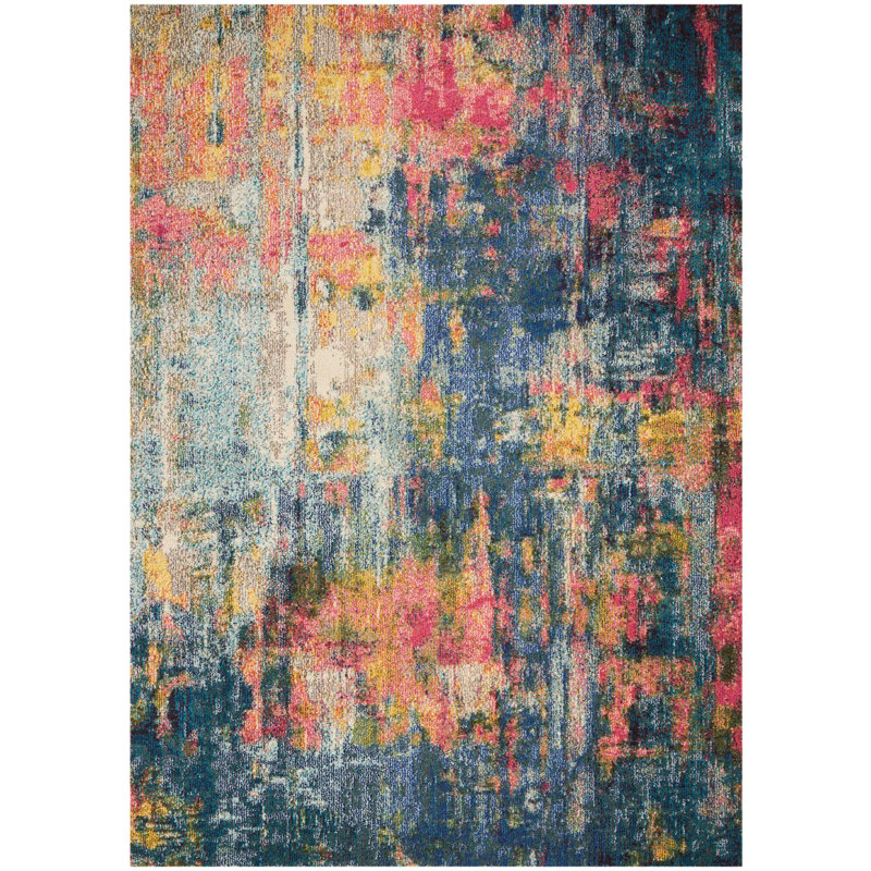 Ivy Bronx Velva Machine Woven Performance Blue/Yellow/Pink Rug & Reviews Wayfair